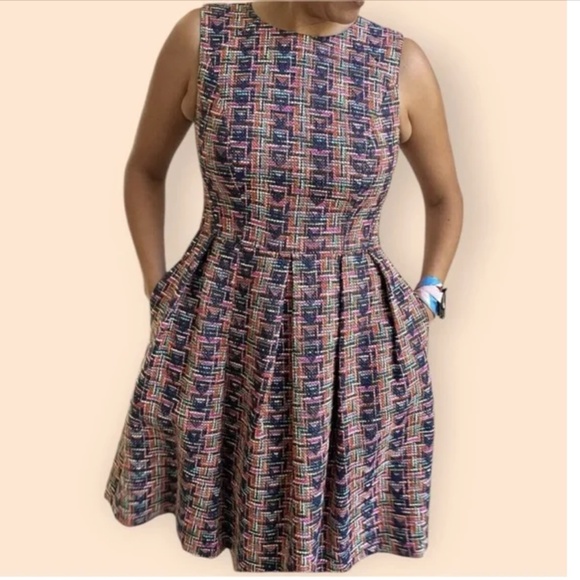 Shoshanna Tweed Navy and Pink Geometric Fit and Flare Sleeveless Dress Size 0 - Picture 1 of 4